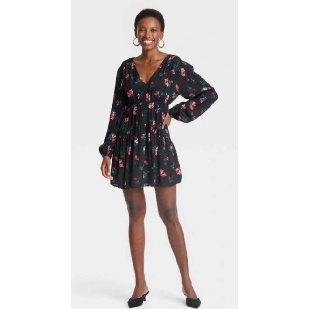 A New Day Black Floral Long Sleeve Mini Dress V-Neck Tiered Babydoll 1X Pockets